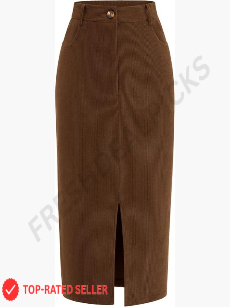 Corduroy Pencil Midi Skirt High Waisted Business Casual Office Winter Outfit